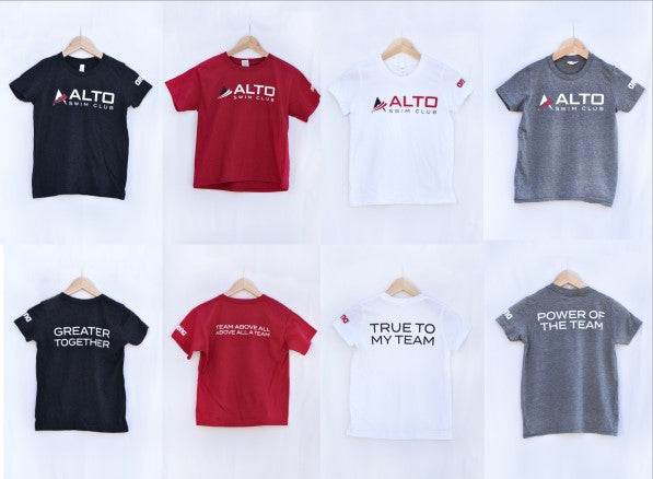ALTO Team T-Shirts in Black, Red, White, and Gray. ALTO logo on the front of the T-shirt. On the back of the T-Shirt, each color has a unique slogan. Black - "Greater Together". Red - "Team Above All. Above All A Team". White - "True To My Team. Gray - "Power Of The Team".