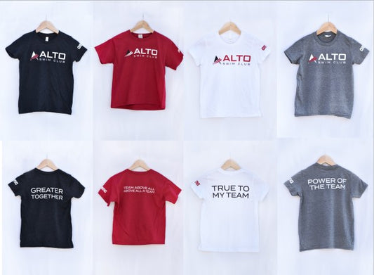 ALTO Team T-Shirts in Black, Red, White, and Gray.  ALTO  logo on the front of the T-shirt. On the back of the T-Shirt, each color has a unique slogan. Black - "Greater Together".  Red - "Team Above All.  Above All A Team". White -  "True To My Team.  Gray - "Power Of The Team". 